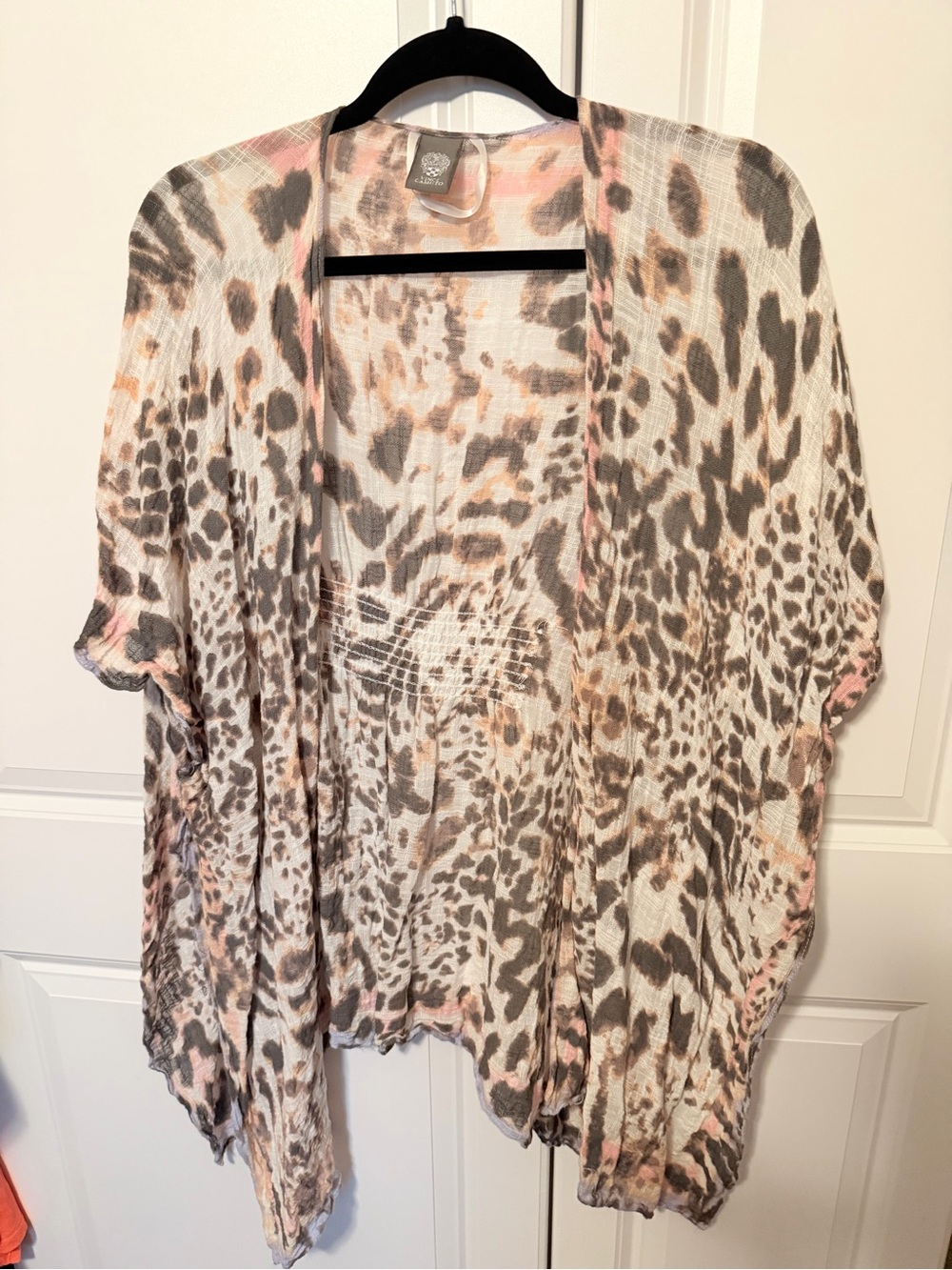 Lightweight Leopard-Print Open Front Cardigan - Pink & Gray